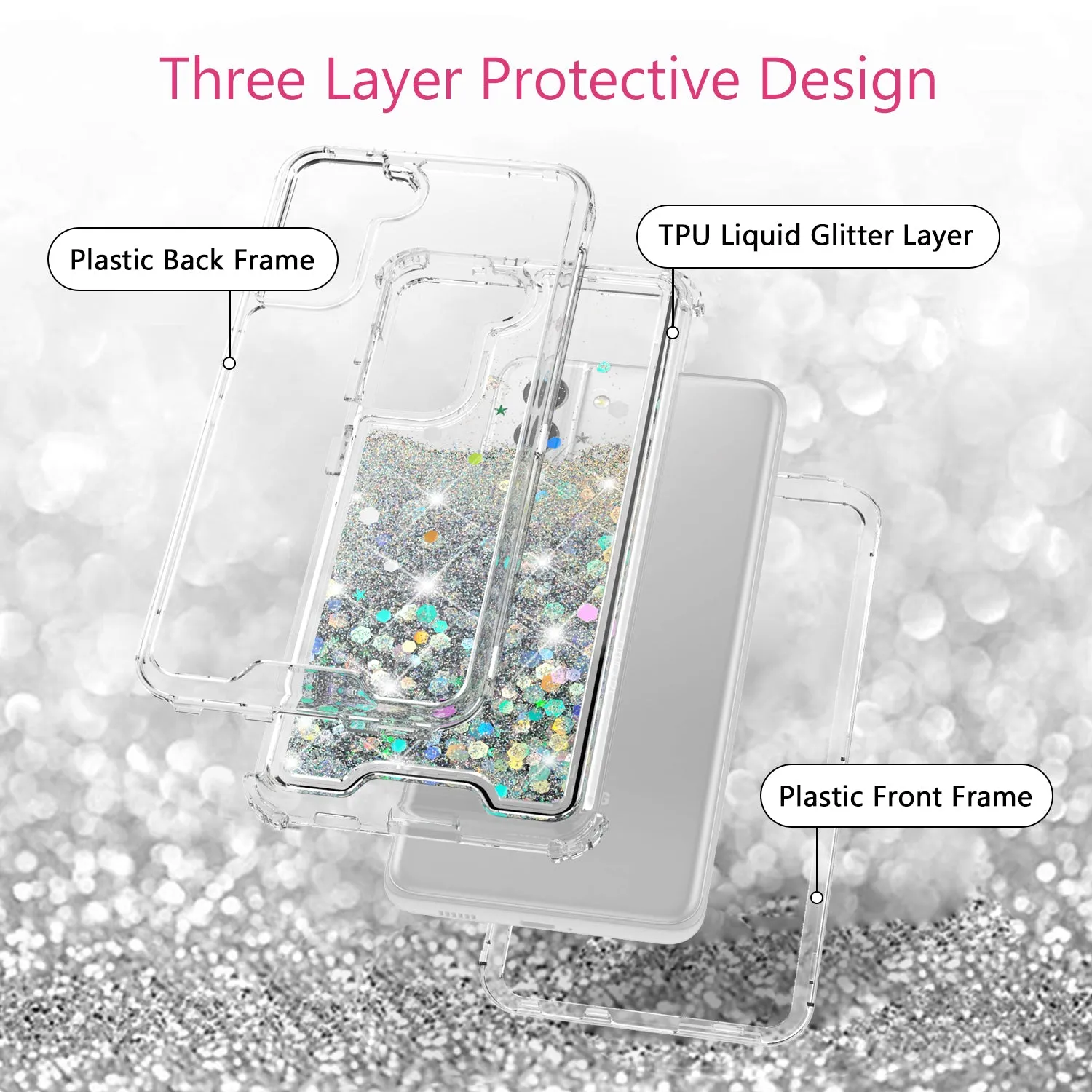 Samsung Galaxy S21  /Galaxy S21 Plus Case,Hard Clear Glitter Sparkle Flowing Liquid Heavy Duty Shockproof Three Layer Protective Bling Girls Women Cases for Samsung Galaxy S21  /Galaxy S21 Plus - Clear