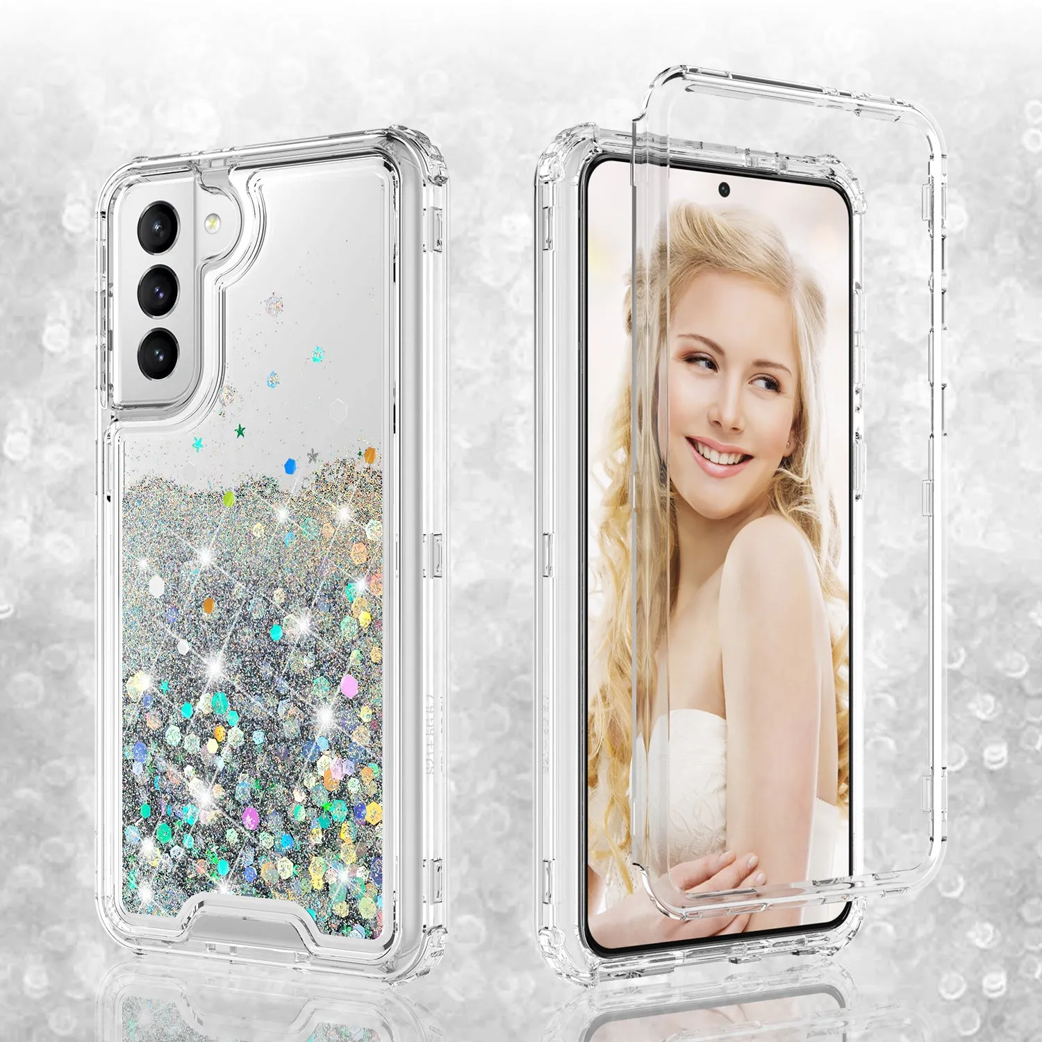 Samsung Galaxy S21  /Galaxy S21 Plus Case,Hard Clear Glitter Sparkle Flowing Liquid Heavy Duty Shockproof Three Layer Protective Bling Girls Women Cases for Samsung Galaxy S21  /Galaxy S21 Plus - Clear