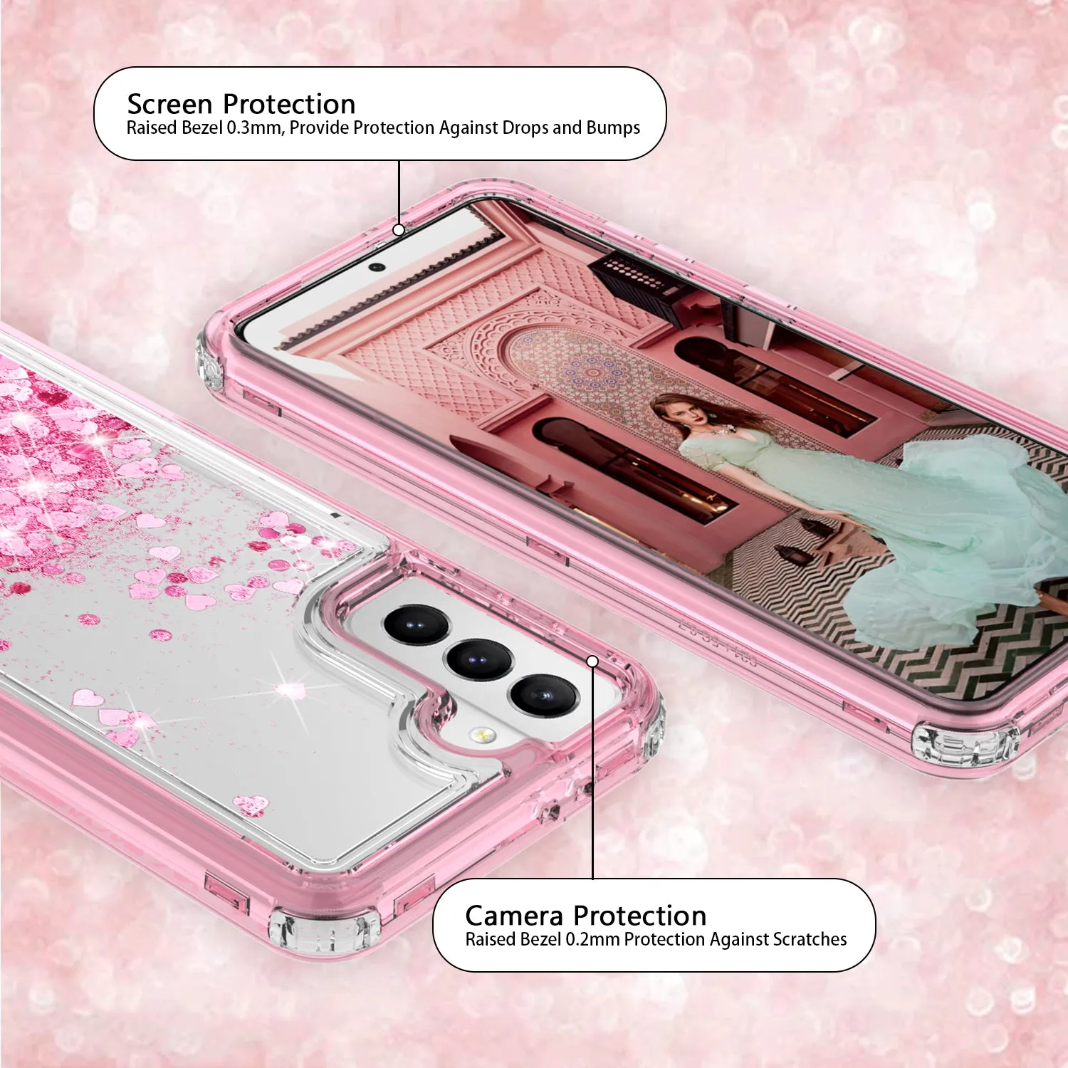 Samsung Galaxy S21  /Galaxy S21 Plus Case,Hard Clear Glitter Sparkle Flowing Liquid Heavy Duty Shockproof Three Layer Protective Bling Girls Women Cases for Samsung Galaxy S21  /Galaxy S21 Plus - Pink