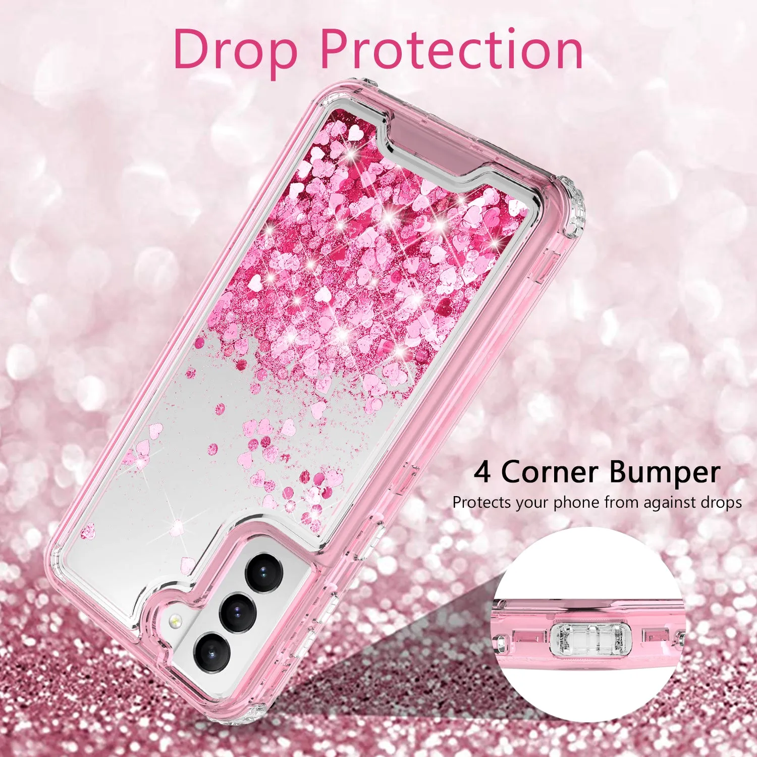 Samsung Galaxy S21  /Galaxy S21 Plus Case,Hard Clear Glitter Sparkle Flowing Liquid Heavy Duty Shockproof Three Layer Protective Bling Girls Women Cases for Samsung Galaxy S21  /Galaxy S21 Plus - Pink