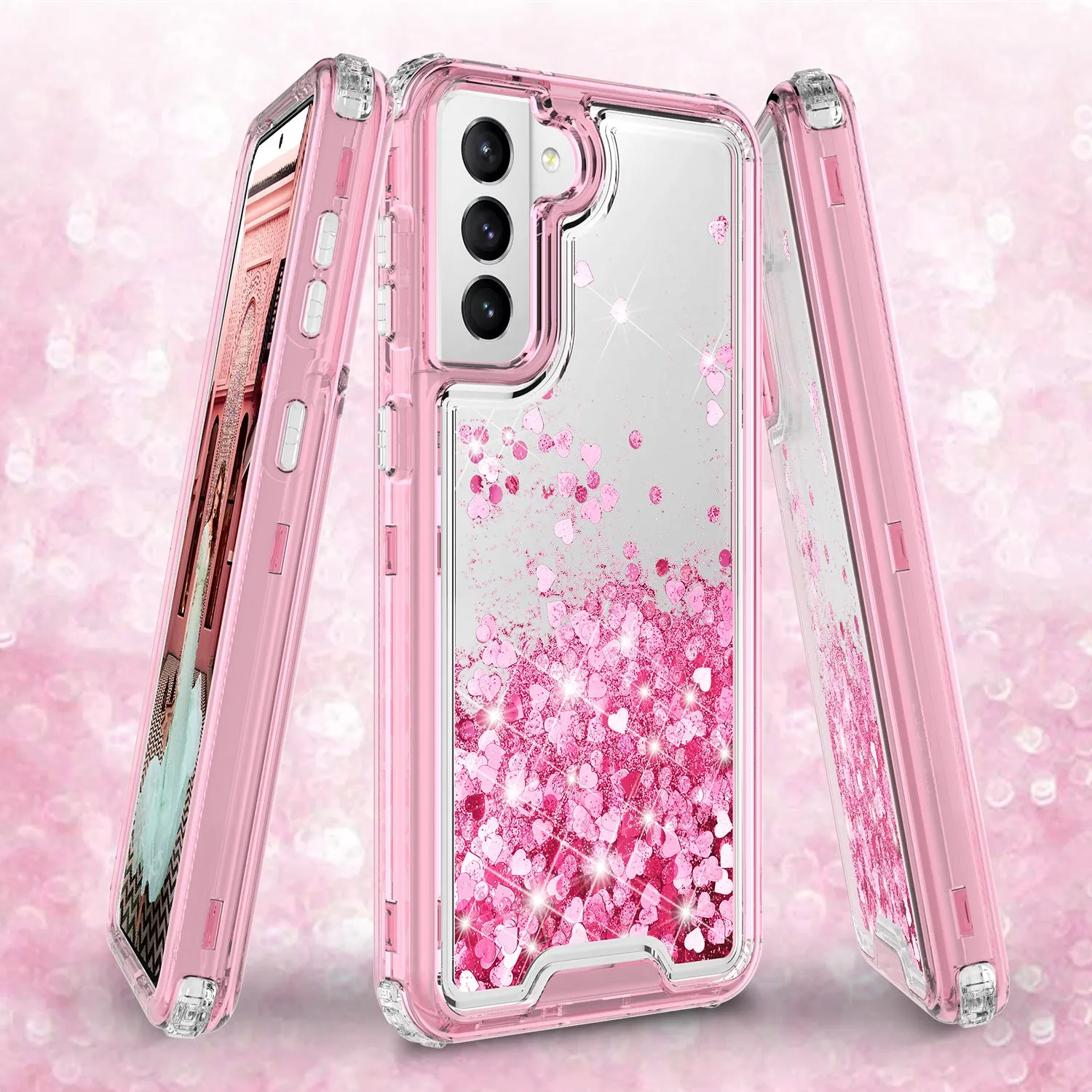Samsung Galaxy S21  /Galaxy S21 Plus Case,Hard Clear Glitter Sparkle Flowing Liquid Heavy Duty Shockproof Three Layer Protective Bling Girls Women Cases for Samsung Galaxy S21  /Galaxy S21 Plus - Pink