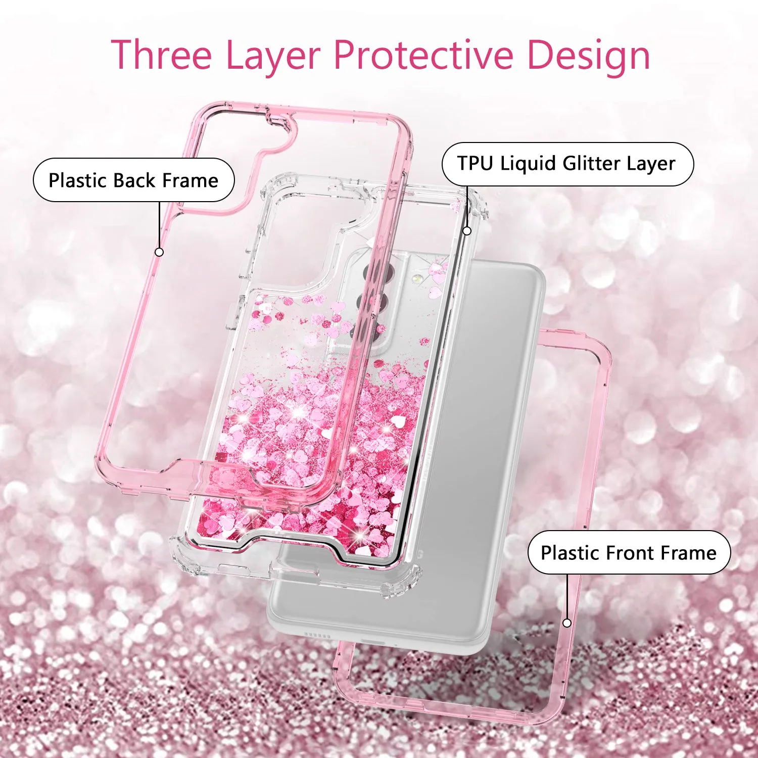 Samsung Galaxy S21  /Galaxy S21 Plus Case,Hard Clear Glitter Sparkle Flowing Liquid Heavy Duty Shockproof Three Layer Protective Bling Girls Women Cases for Samsung Galaxy S21  /Galaxy S21 Plus - Pink