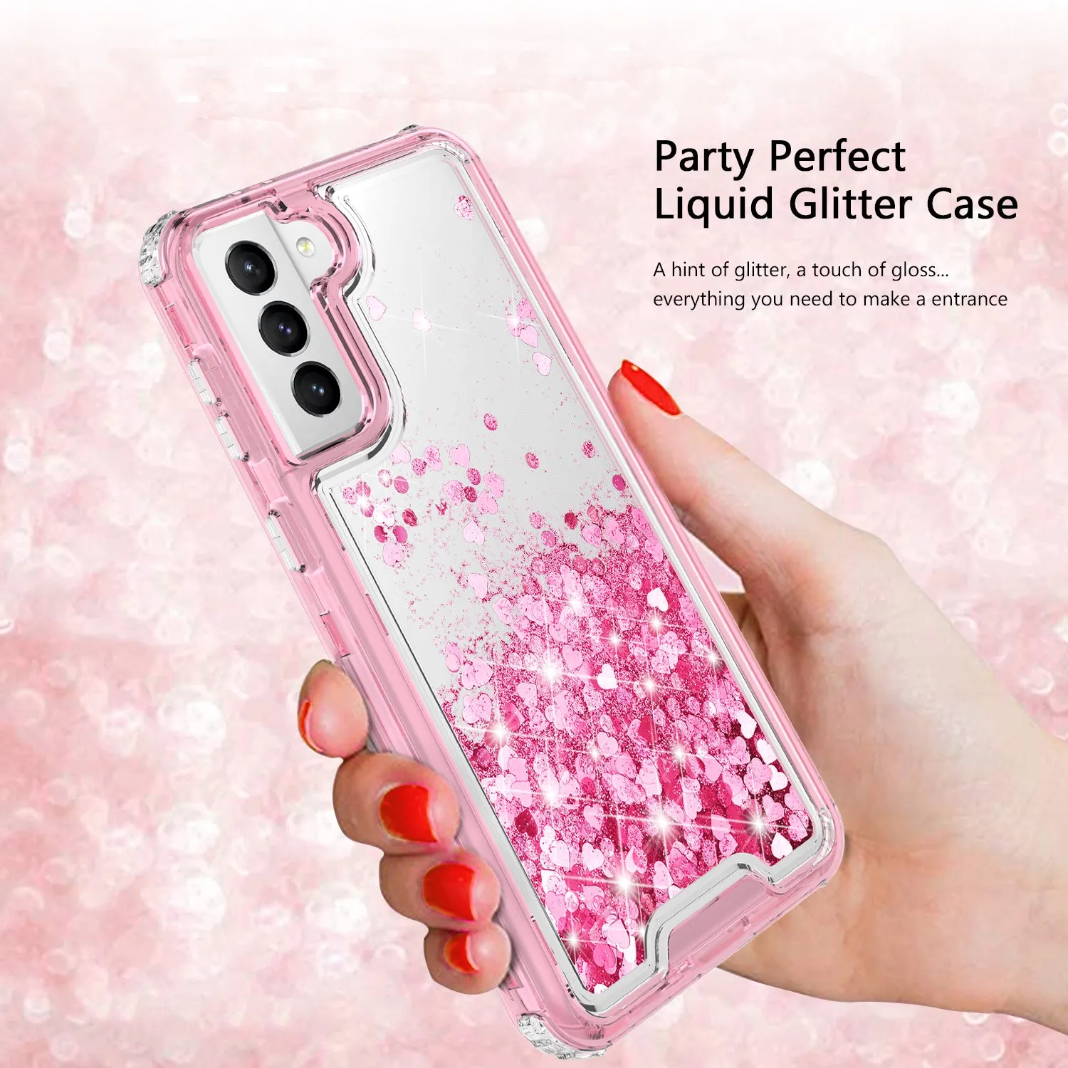 Samsung Galaxy S21  /Galaxy S21 Plus Case,Hard Clear Glitter Sparkle Flowing Liquid Heavy Duty Shockproof Three Layer Protective Bling Girls Women Cases for Samsung Galaxy S21  /Galaxy S21 Plus - Pink