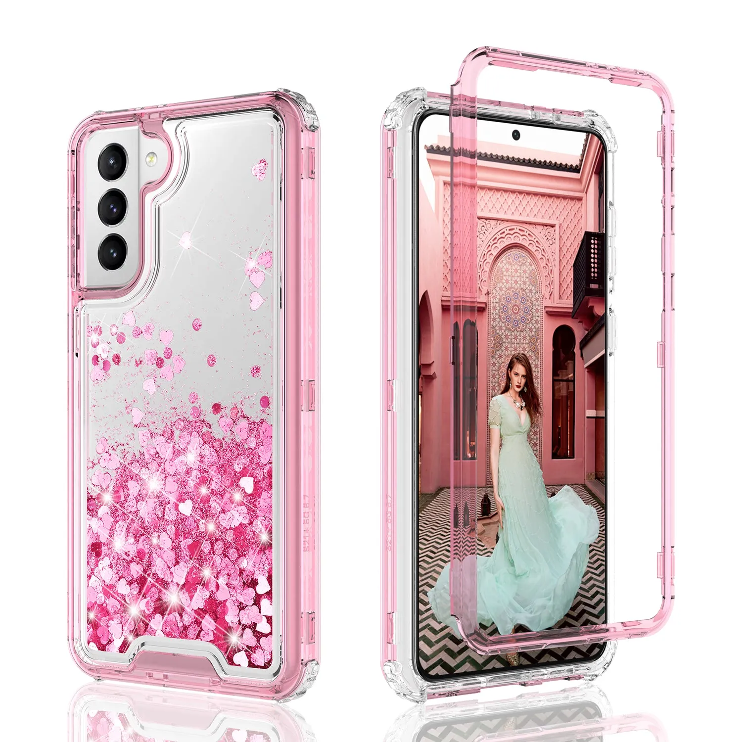 Samsung Galaxy S21  /Galaxy S21 Plus Case,Hard Clear Glitter Sparkle Flowing Liquid Heavy Duty Shockproof Three Layer Protective Bling Girls Women Cases for Samsung Galaxy S21  /Galaxy S21 Plus - Pink