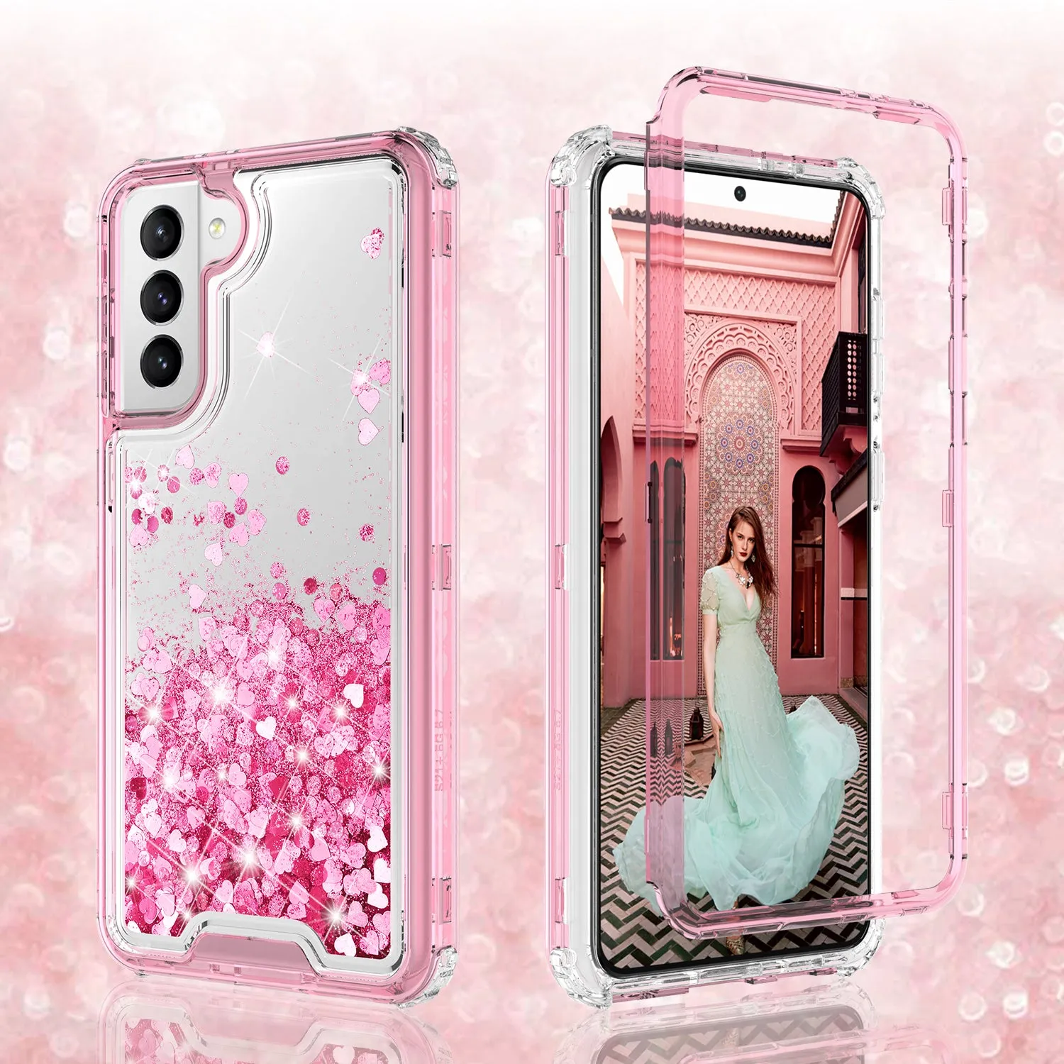 Samsung Galaxy S21  /Galaxy S21 Plus Case,Hard Clear Glitter Sparkle Flowing Liquid Heavy Duty Shockproof Three Layer Protective Bling Girls Women Cases for Samsung Galaxy S21  /Galaxy S21 Plus - Pink