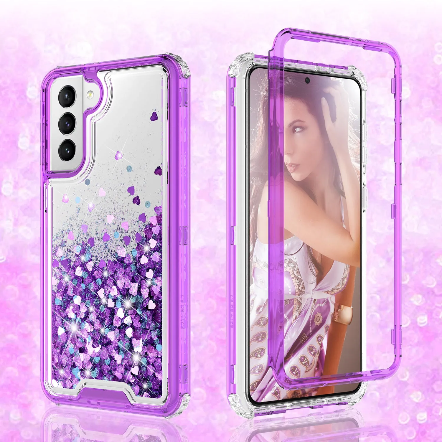 Samsung Galaxy S21  /Galaxy S21 Plus Case,Hard Clear Glitter Sparkle Flowing Liquid Heavy Duty Shockproof Three Layer Protective Bling Girls Women Cases for Samsung Galaxy S21  /Galaxy S21 Plus - Purple