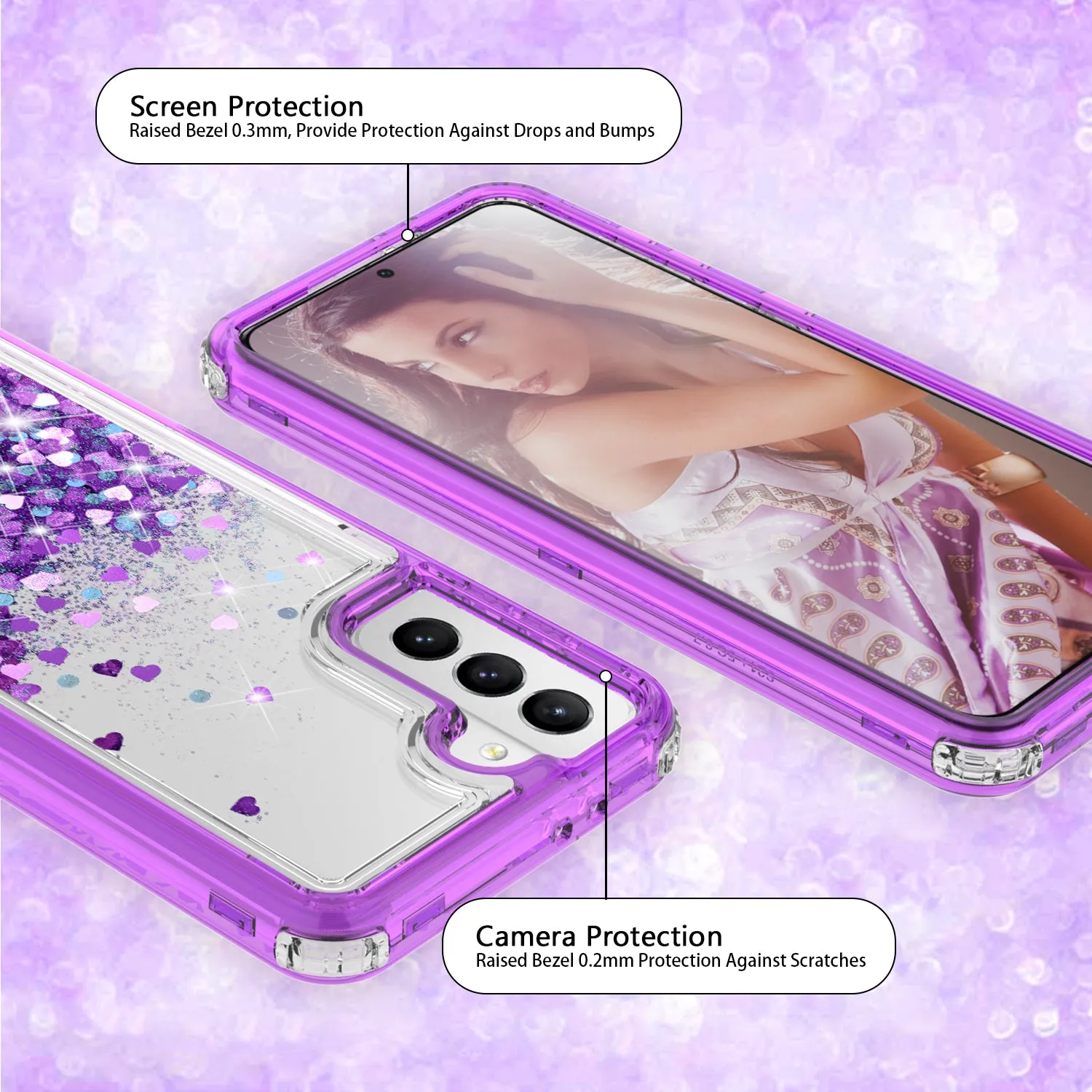 Samsung Galaxy S21  /Galaxy S21 Plus Case,Hard Clear Glitter Sparkle Flowing Liquid Heavy Duty Shockproof Three Layer Protective Bling Girls Women Cases for Samsung Galaxy S21  /Galaxy S21 Plus - Purple