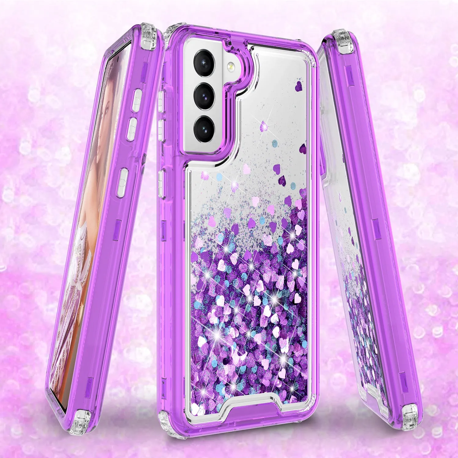 Samsung Galaxy S21  /Galaxy S21 Plus Case,Hard Clear Glitter Sparkle Flowing Liquid Heavy Duty Shockproof Three Layer Protective Bling Girls Women Cases for Samsung Galaxy S21  /Galaxy S21 Plus - Purple