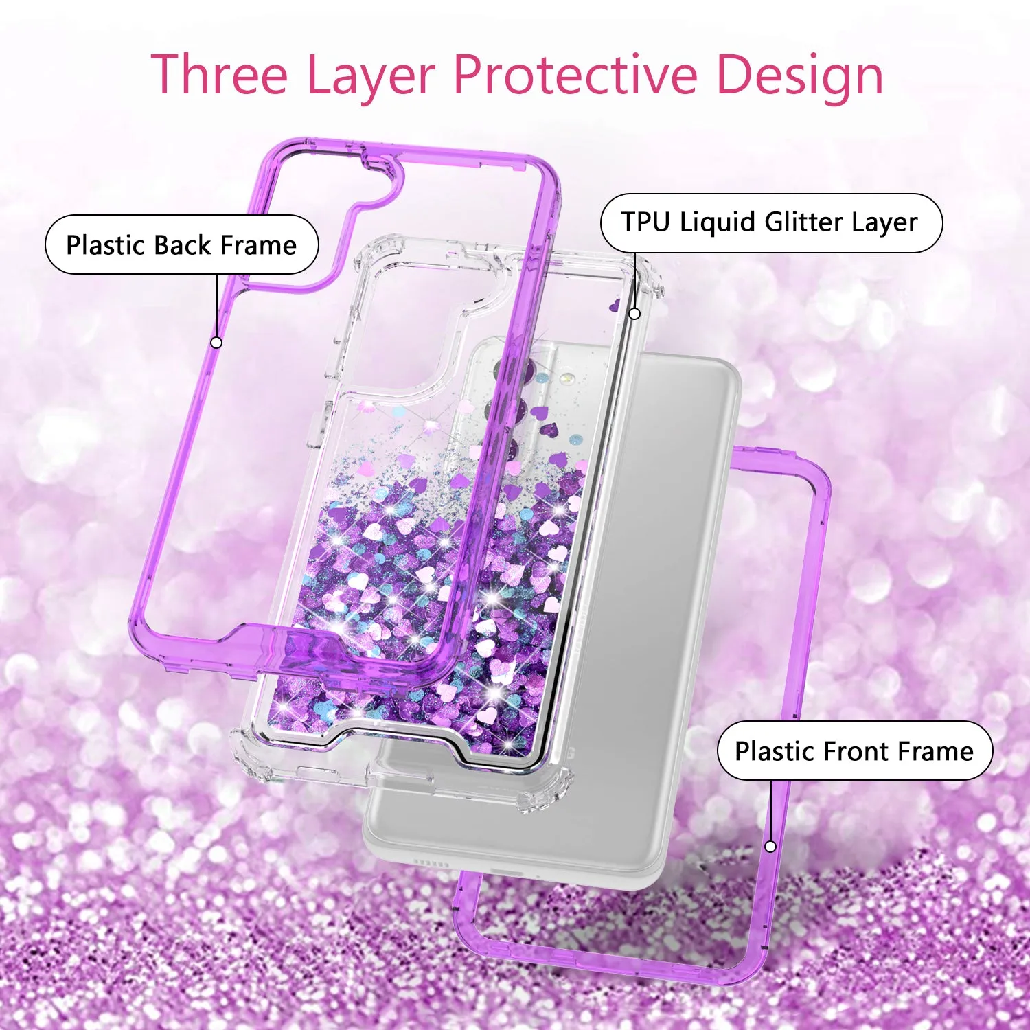 Samsung Galaxy S21  /Galaxy S21 Plus Case,Hard Clear Glitter Sparkle Flowing Liquid Heavy Duty Shockproof Three Layer Protective Bling Girls Women Cases for Samsung Galaxy S21  /Galaxy S21 Plus - Purple