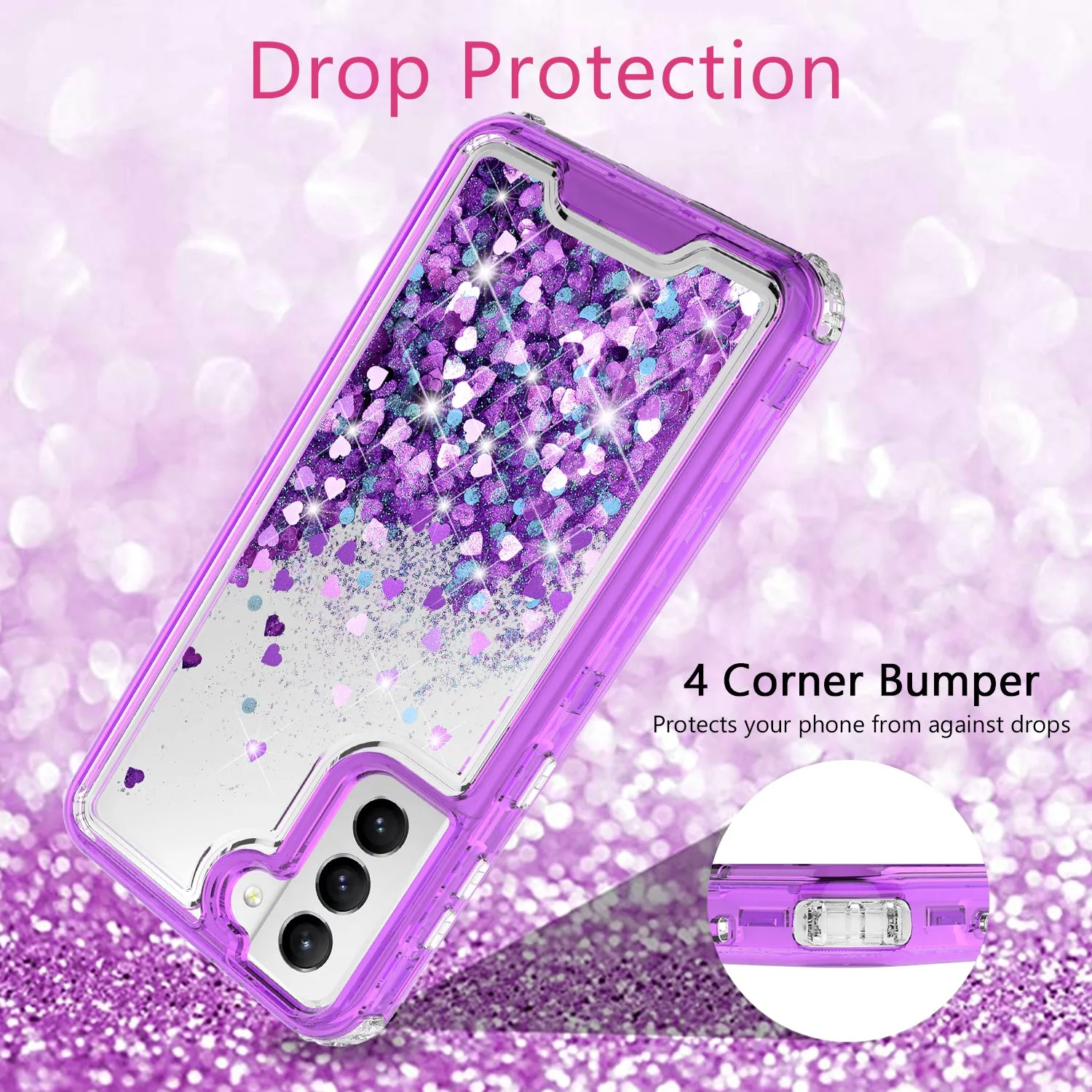 Samsung Galaxy S21  /Galaxy S21 Plus Case,Hard Clear Glitter Sparkle Flowing Liquid Heavy Duty Shockproof Three Layer Protective Bling Girls Women Cases for Samsung Galaxy S21  /Galaxy S21 Plus - Purple