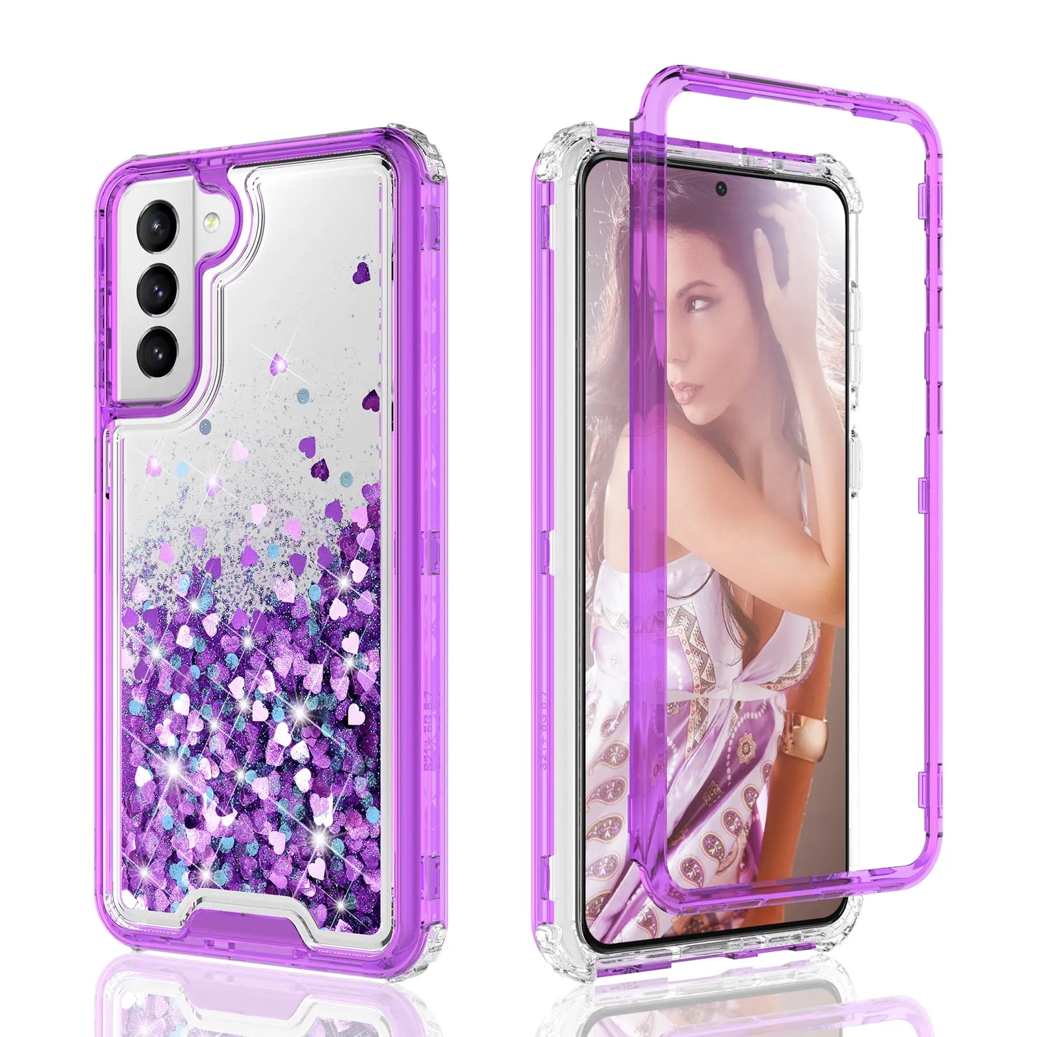 Samsung Galaxy S21  /Galaxy S21 Plus Case,Hard Clear Glitter Sparkle Flowing Liquid Heavy Duty Shockproof Three Layer Protective Bling Girls Women Cases for Samsung Galaxy S21  /Galaxy S21 Plus - Purple