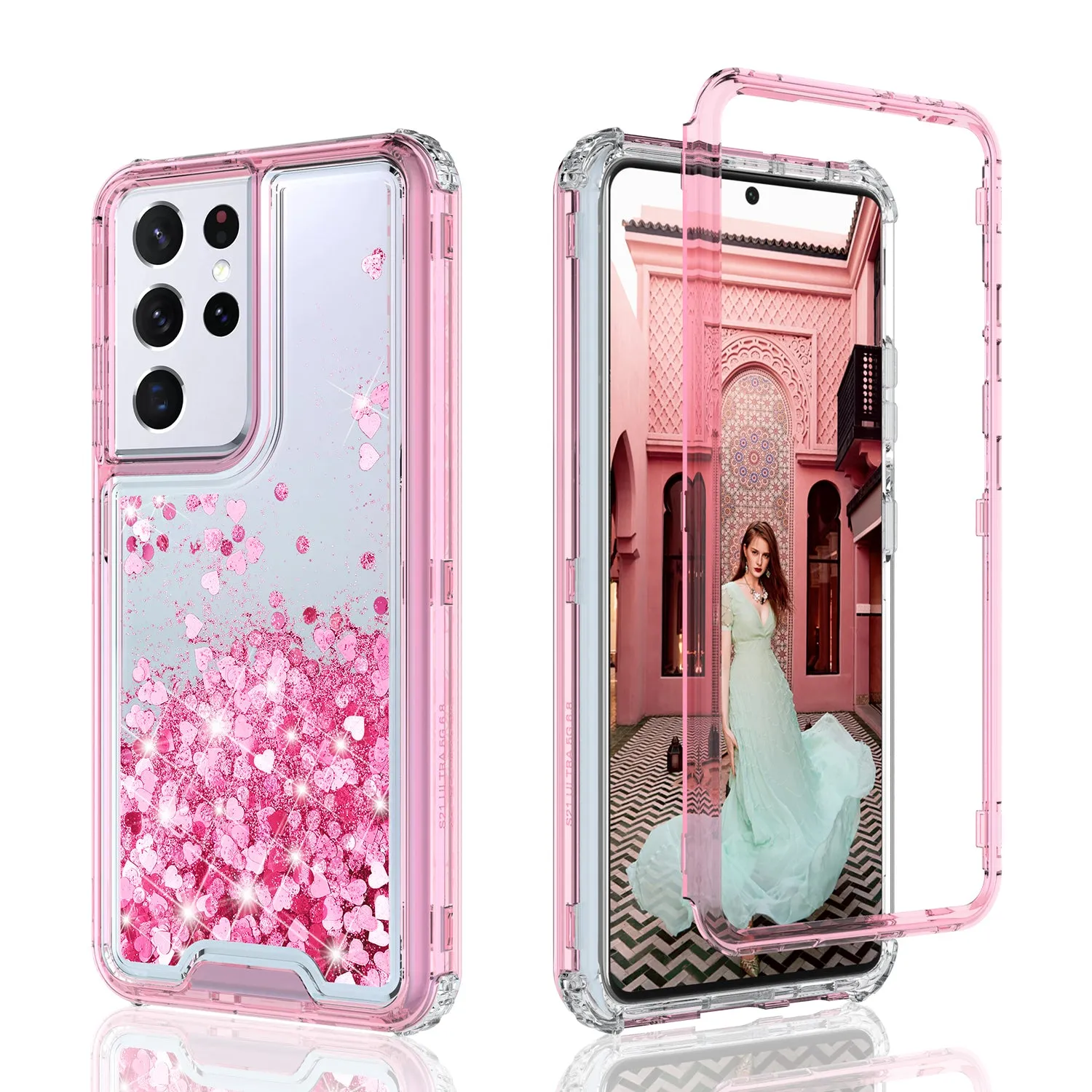 Samsung Galaxy S21 Ultra Case,Hard Clear Glitter Sparkle Flowing Liquid Heavy Duty Shockproof Three Layer Protective Bling Girls Women Cases for Samsung Galaxy S21 Ultra - Pink
