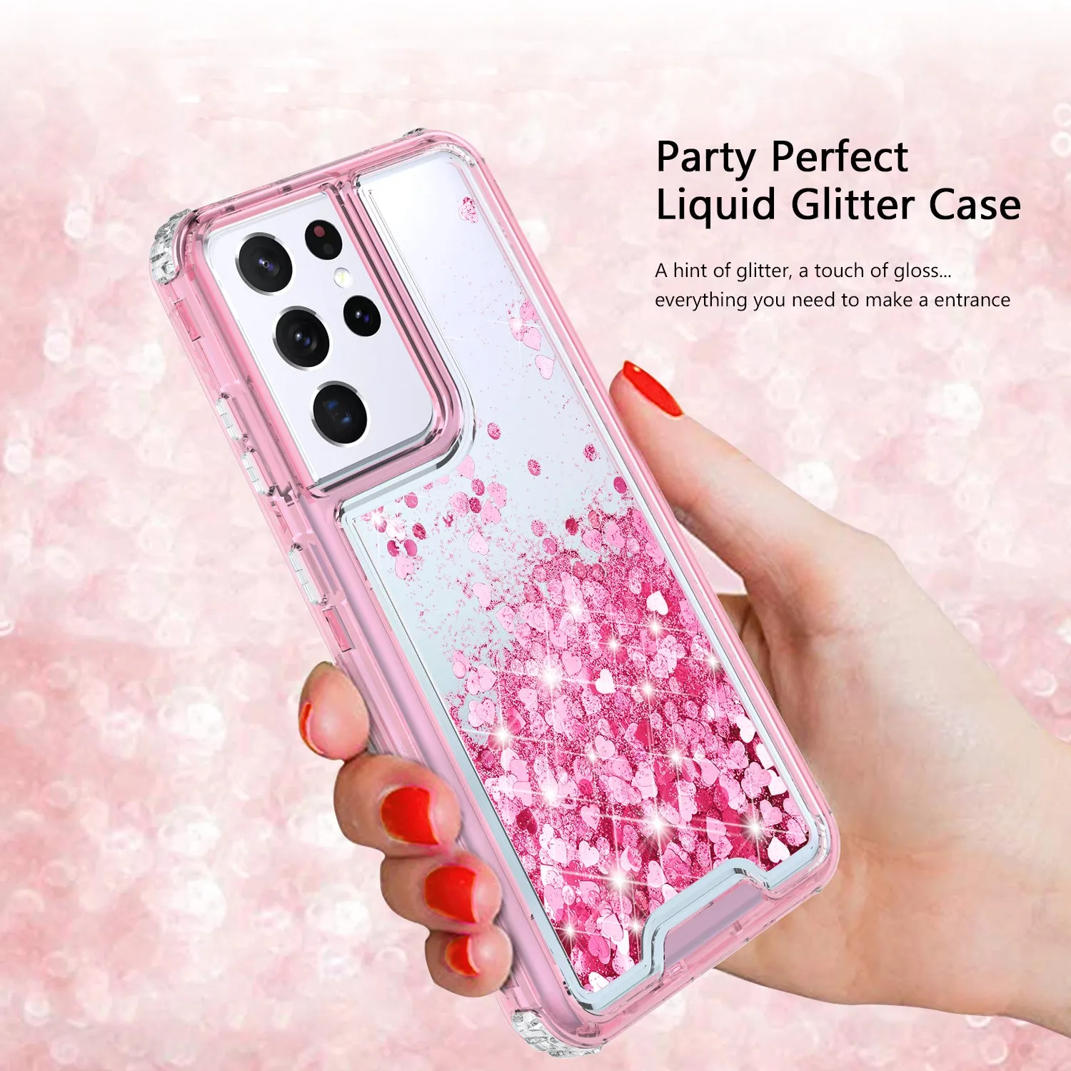 Samsung Galaxy S21 Ultra Case,Hard Clear Glitter Sparkle Flowing Liquid Heavy Duty Shockproof Three Layer Protective Bling Girls Women Cases for Samsung Galaxy S21 Ultra - Pink