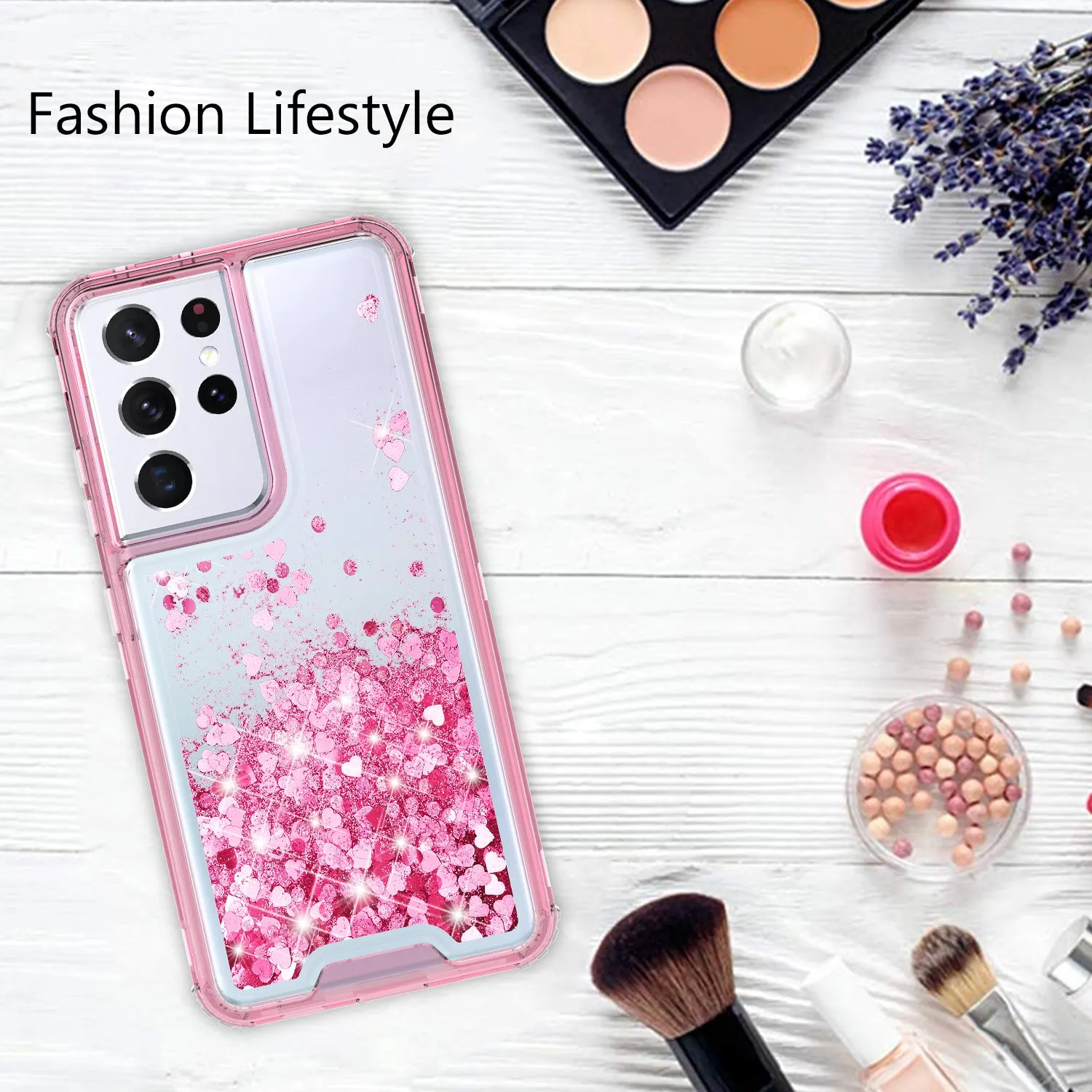 Samsung Galaxy S21 Ultra Case,Hard Clear Glitter Sparkle Flowing Liquid Heavy Duty Shockproof Three Layer Protective Bling Girls Women Cases for Samsung Galaxy S21 Ultra - Pink