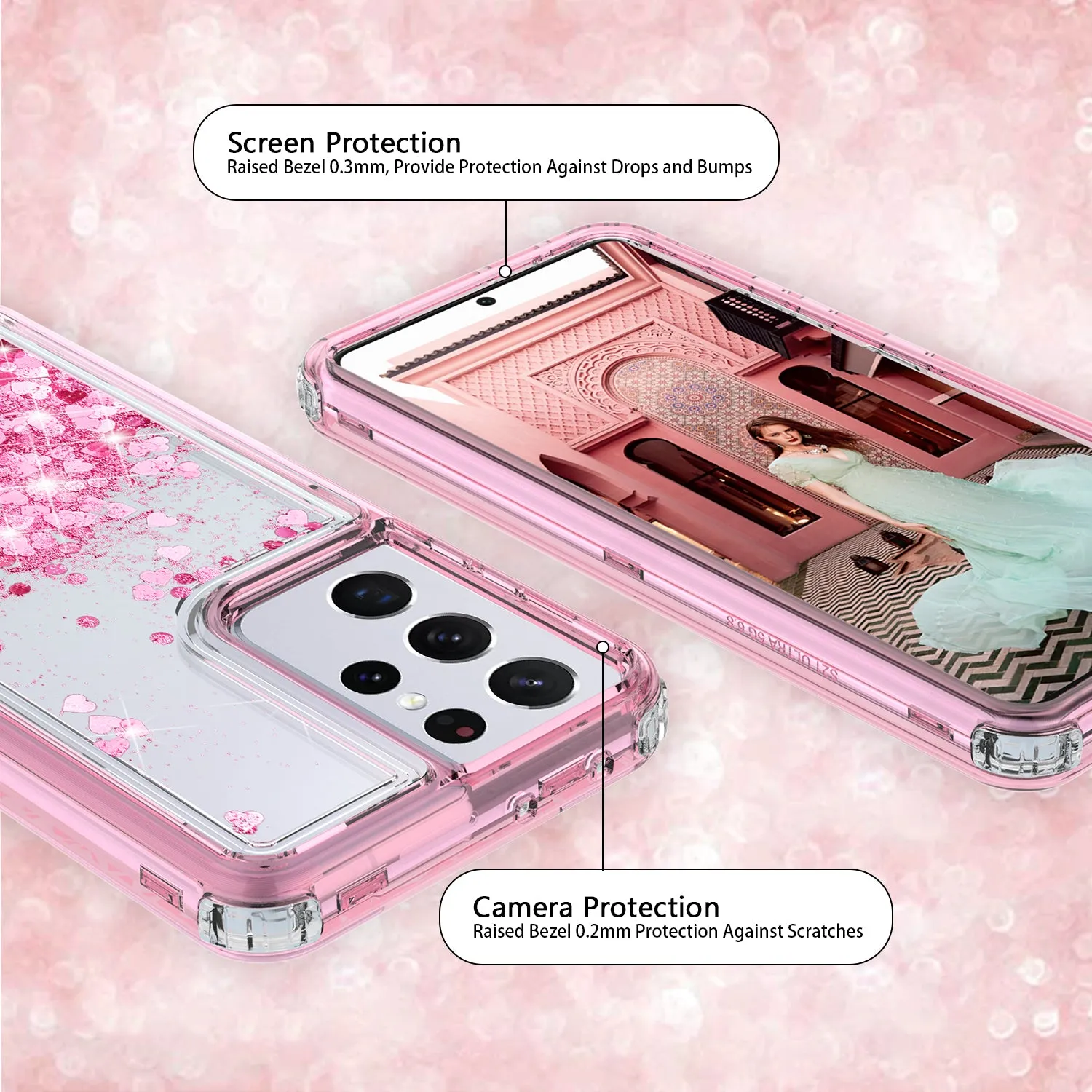 Samsung Galaxy S21 Ultra Case,Hard Clear Glitter Sparkle Flowing Liquid Heavy Duty Shockproof Three Layer Protective Bling Girls Women Cases for Samsung Galaxy S21 Ultra - Pink
