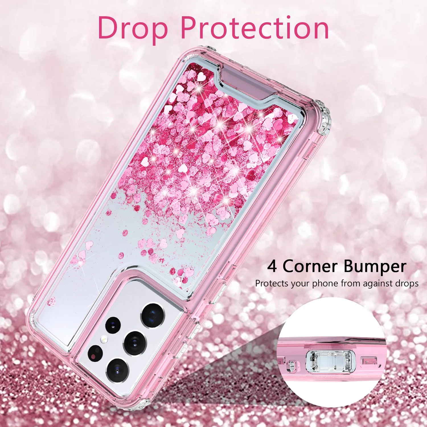 Samsung Galaxy S21 Ultra Case,Hard Clear Glitter Sparkle Flowing Liquid Heavy Duty Shockproof Three Layer Protective Bling Girls Women Cases for Samsung Galaxy S21 Ultra - Pink