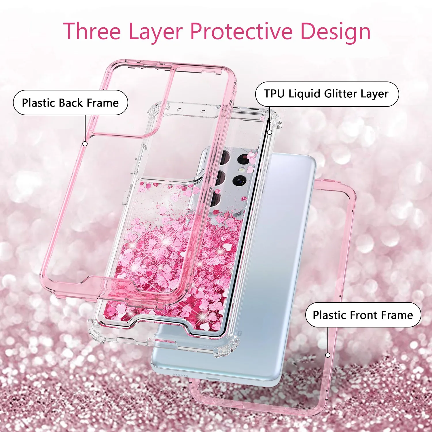 Samsung Galaxy S21 Ultra Case,Hard Clear Glitter Sparkle Flowing Liquid Heavy Duty Shockproof Three Layer Protective Bling Girls Women Cases for Samsung Galaxy S21 Ultra - Pink