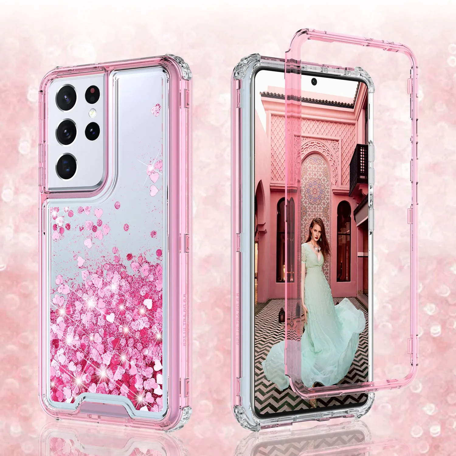 Samsung Galaxy S21 Ultra Case,Hard Clear Glitter Sparkle Flowing Liquid Heavy Duty Shockproof Three Layer Protective Bling Girls Women Cases for Samsung Galaxy S21 Ultra - Pink