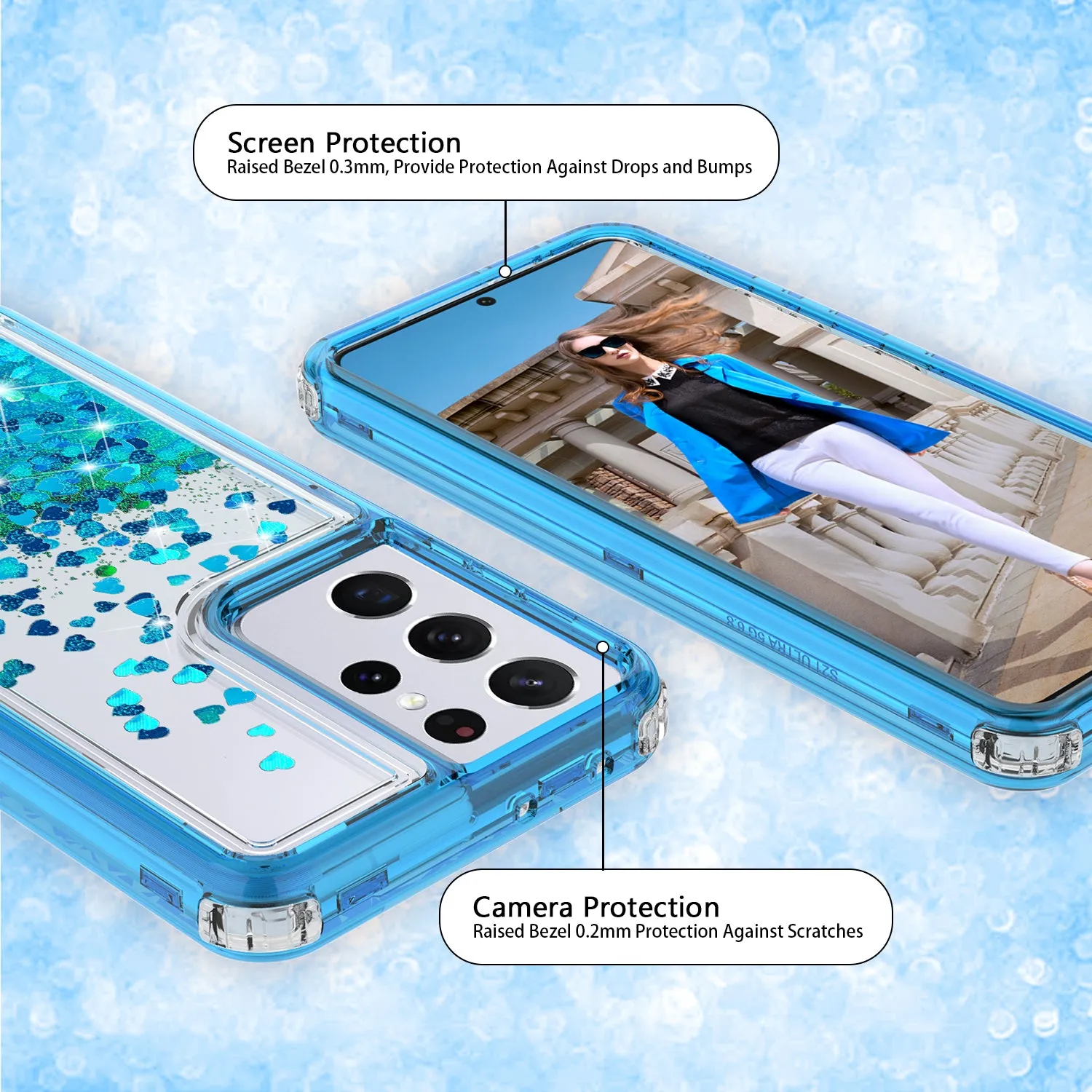 Samsung Galaxy S21 Ultra Case,Hard Clear Glitter Sparkle Flowing Liquid Heavy Duty Shockproof Three Layer Protective Bling Girls Women Cases for Samsung Galaxy S21 Ultra - Teal