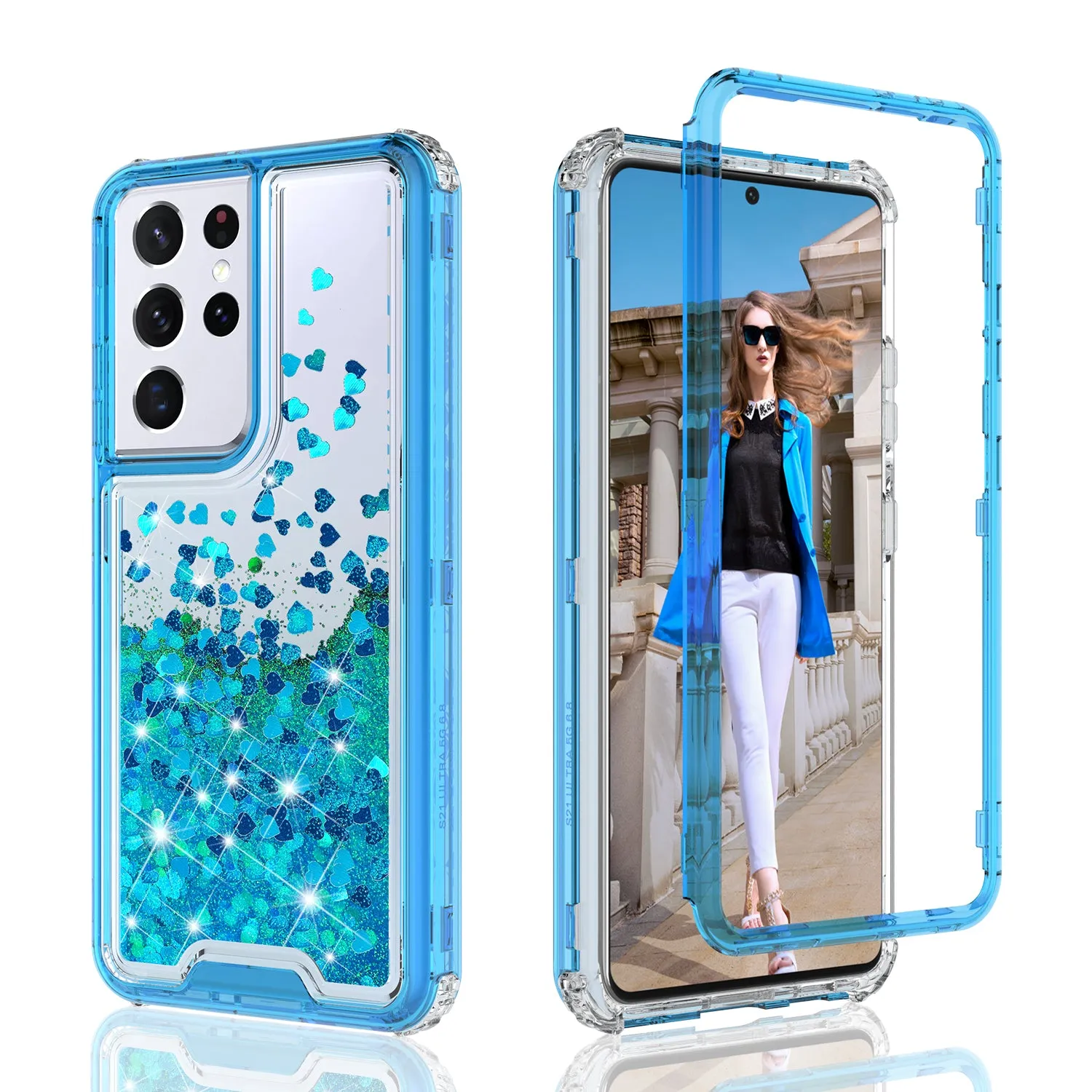 Samsung Galaxy S21 Ultra Case,Hard Clear Glitter Sparkle Flowing Liquid Heavy Duty Shockproof Three Layer Protective Bling Girls Women Cases for Samsung Galaxy S21 Ultra - Teal