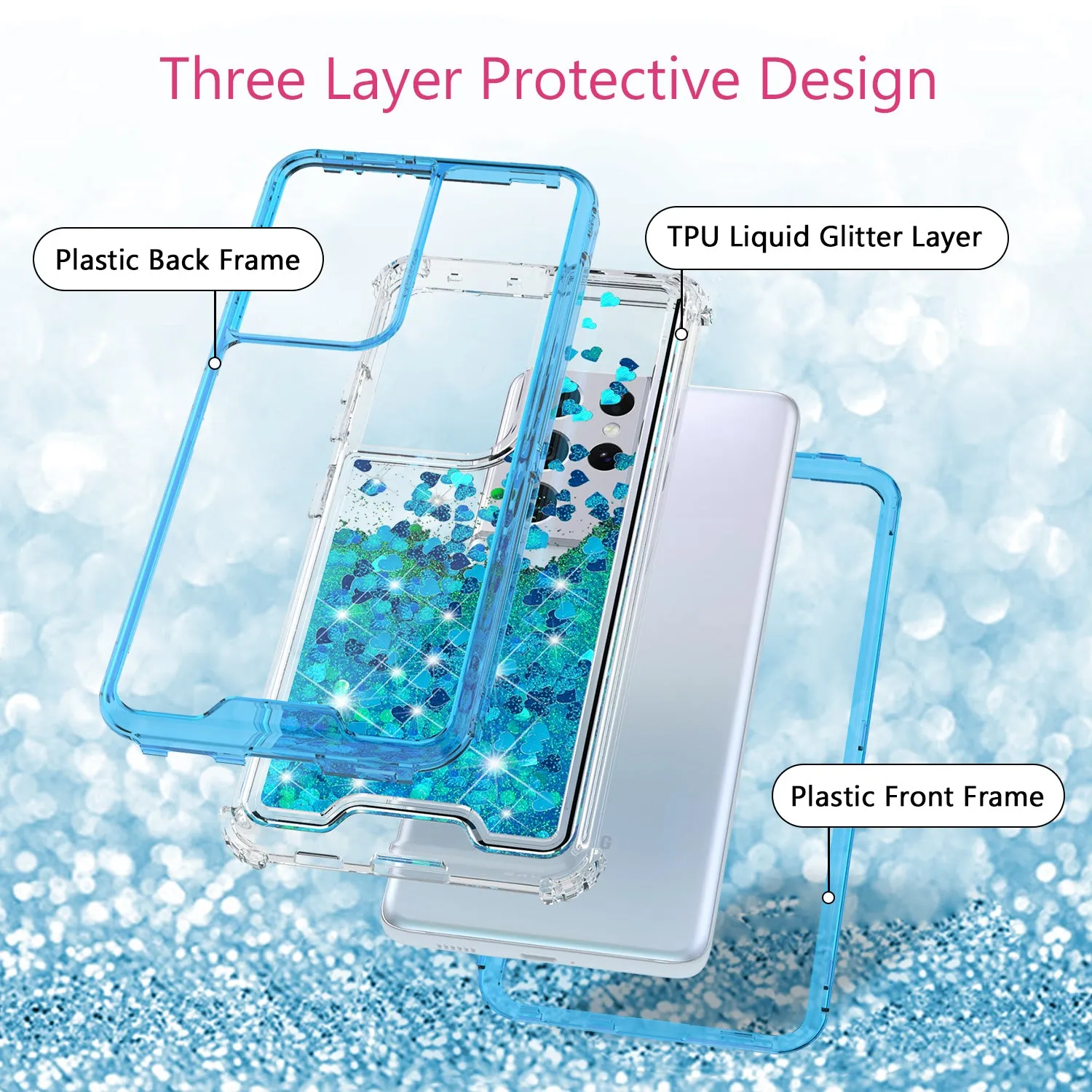 Samsung Galaxy S21 Ultra Case,Hard Clear Glitter Sparkle Flowing Liquid Heavy Duty Shockproof Three Layer Protective Bling Girls Women Cases for Samsung Galaxy S21 Ultra - Teal