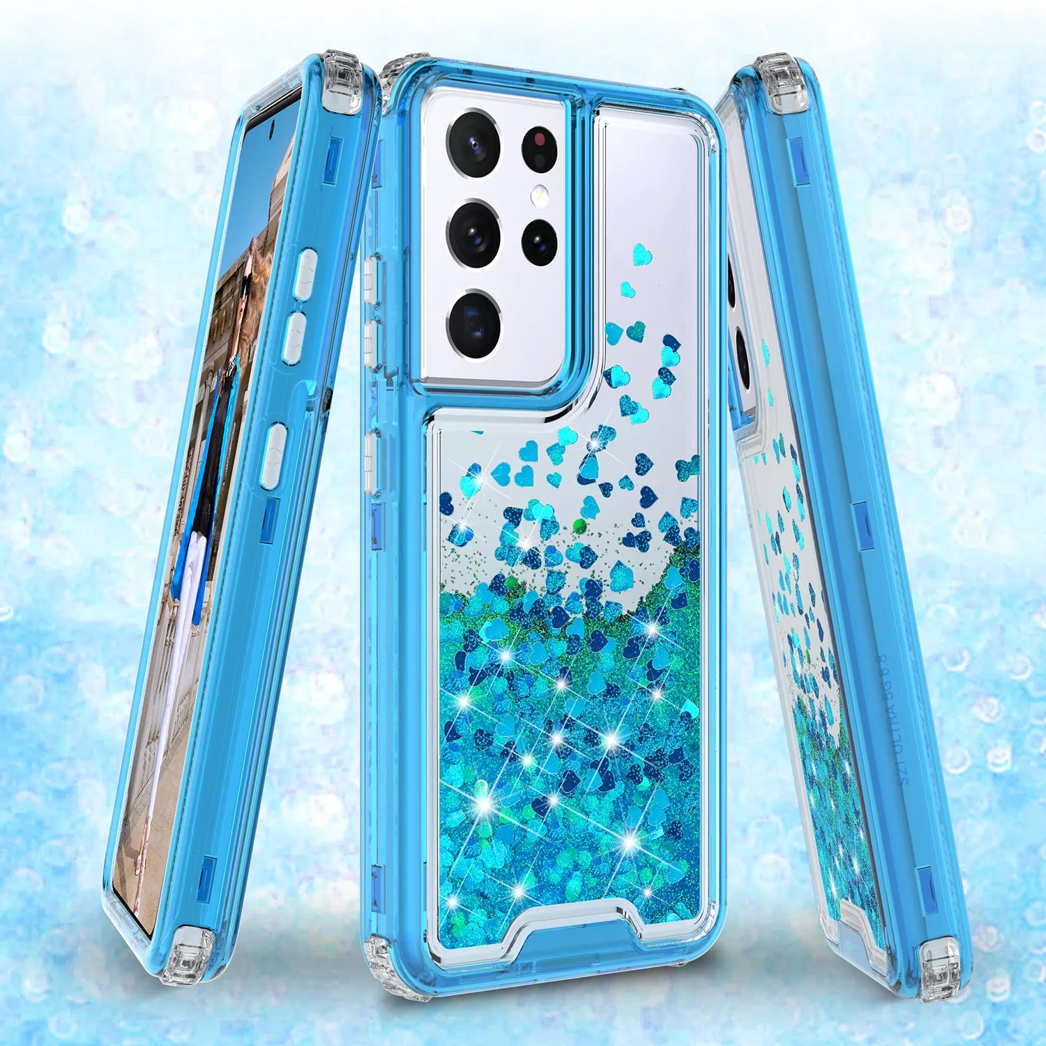 Samsung Galaxy S21 Ultra Case,Hard Clear Glitter Sparkle Flowing Liquid Heavy Duty Shockproof Three Layer Protective Bling Girls Women Cases for Samsung Galaxy S21 Ultra - Teal