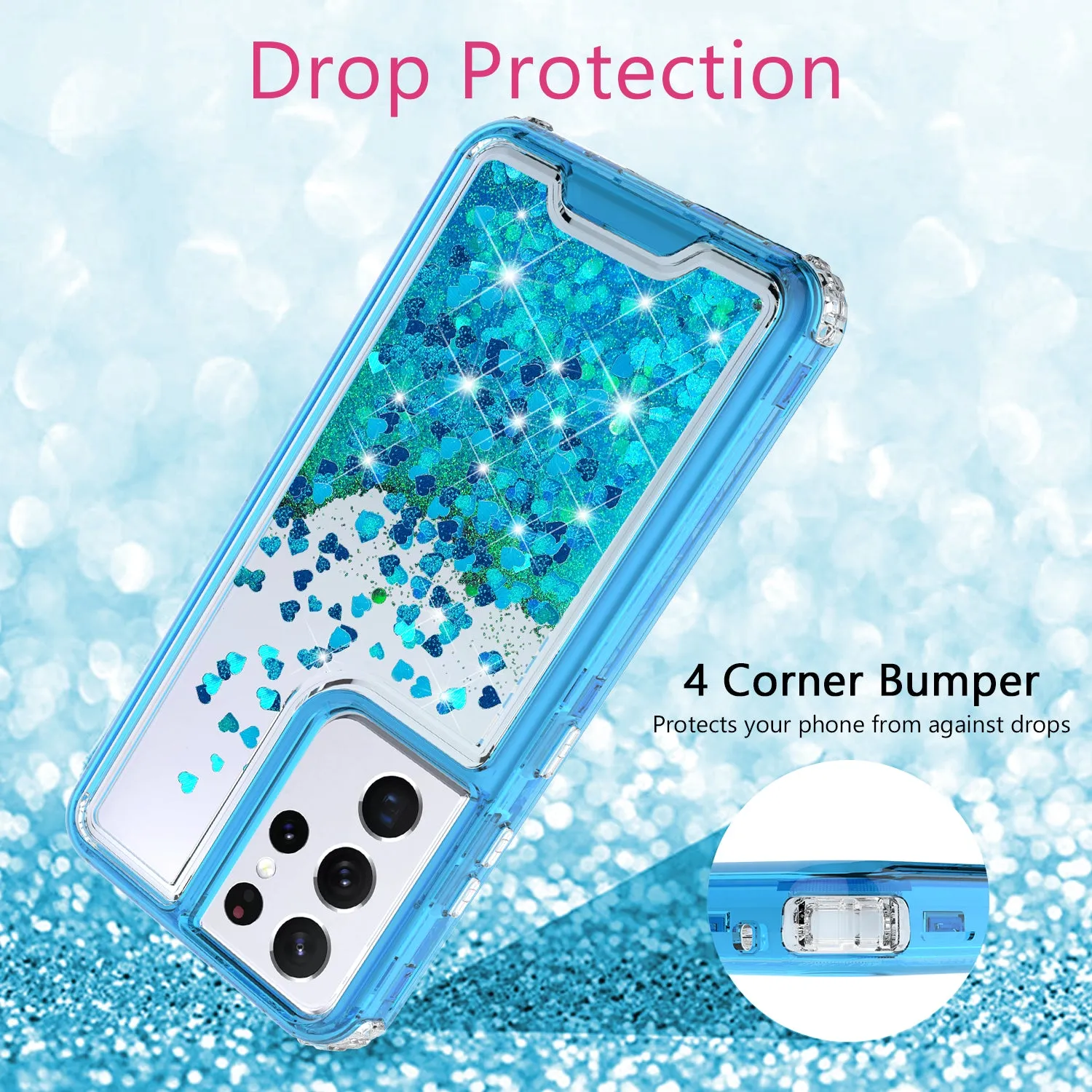 Samsung Galaxy S21 Ultra Case,Hard Clear Glitter Sparkle Flowing Liquid Heavy Duty Shockproof Three Layer Protective Bling Girls Women Cases for Samsung Galaxy S21 Ultra - Teal