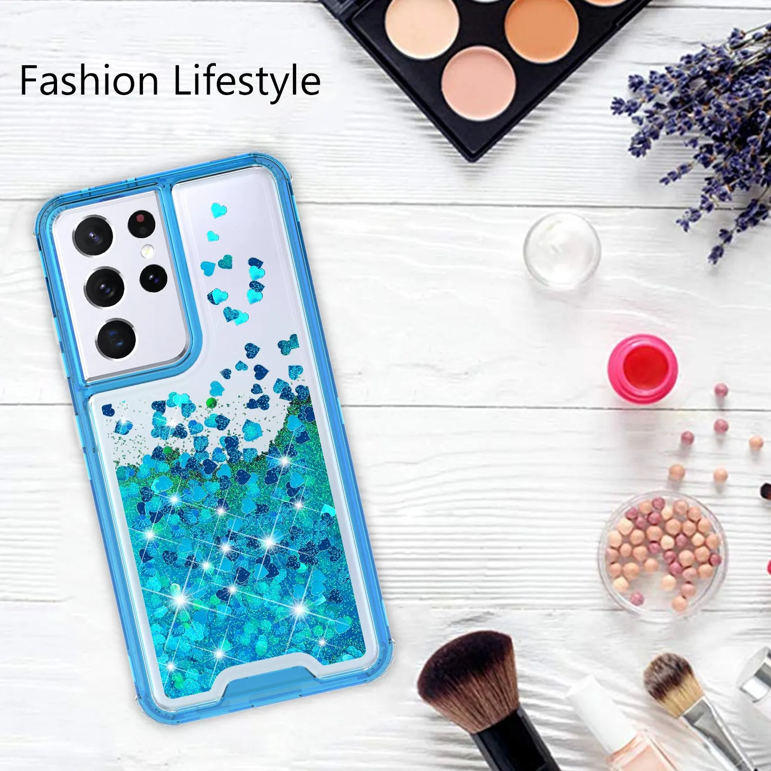 Samsung Galaxy S21 Ultra Case,Hard Clear Glitter Sparkle Flowing Liquid Heavy Duty Shockproof Three Layer Protective Bling Girls Women Cases for Samsung Galaxy S21 Ultra - Teal