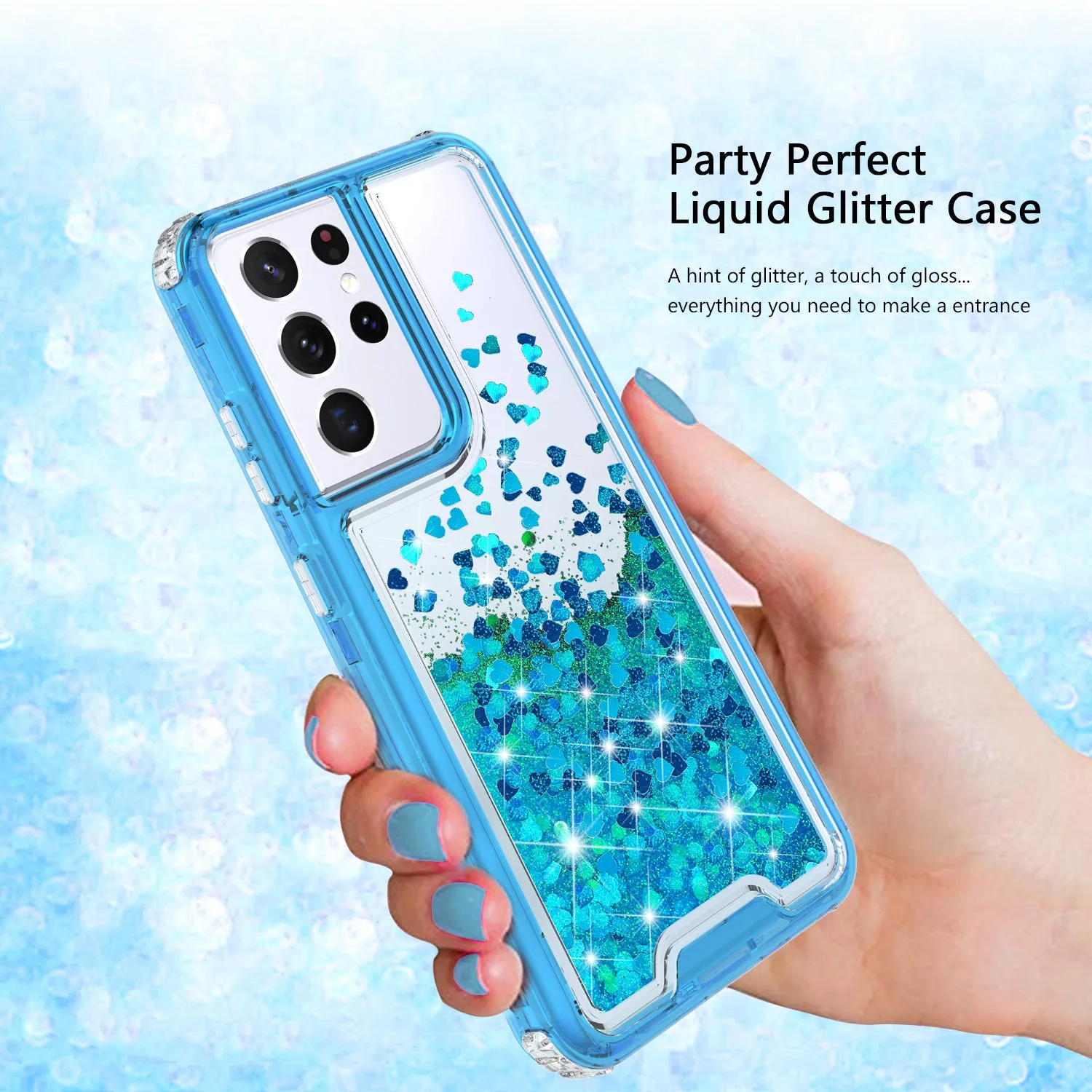 Samsung Galaxy S21 Ultra Case,Hard Clear Glitter Sparkle Flowing Liquid Heavy Duty Shockproof Three Layer Protective Bling Girls Women Cases for Samsung Galaxy S21 Ultra - Teal
