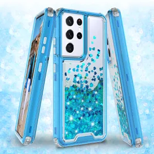 Samsung Galaxy S21 Ultra Case,Hard Clear Glitter Sparkle Flowing Liquid Heavy Duty Shockproof Three Layer Protective Bling Girls Women Cases for Samsung Galaxy S21 Ultra - Teal