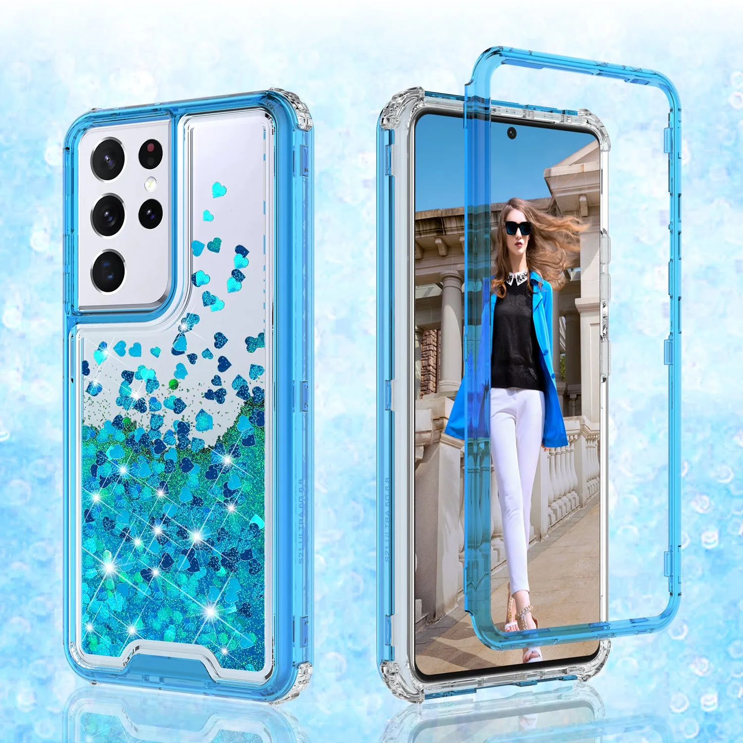 Samsung Galaxy S21 Ultra Case,Hard Clear Glitter Sparkle Flowing Liquid Heavy Duty Shockproof Three Layer Protective Bling Girls Women Cases for Samsung Galaxy S21 Ultra - Teal
