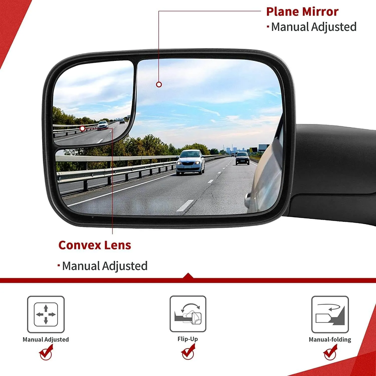 YITAMOTOR® Towing Mirrors Compatible with 1994-2001 Dodge Ram 1500, 1994-2002 Dodge Ram 2500 3500 Manual Flip-Up Folding with Support Brackets Tow Mirrors